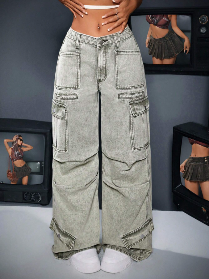 Calça Denim Cargo de Perna Larga e Casual Lavada para Mulheres