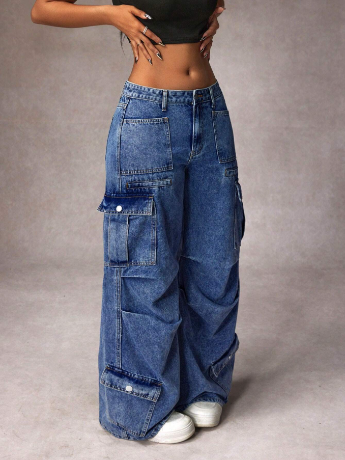 Calça Denim Cargo de Perna Larga e Casual Lavada para Mulheres