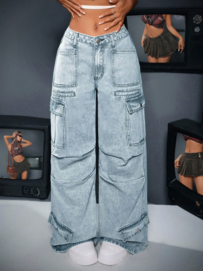 Calça Denim Cargo de Perna Larga e Casual Lavada para Mulheres