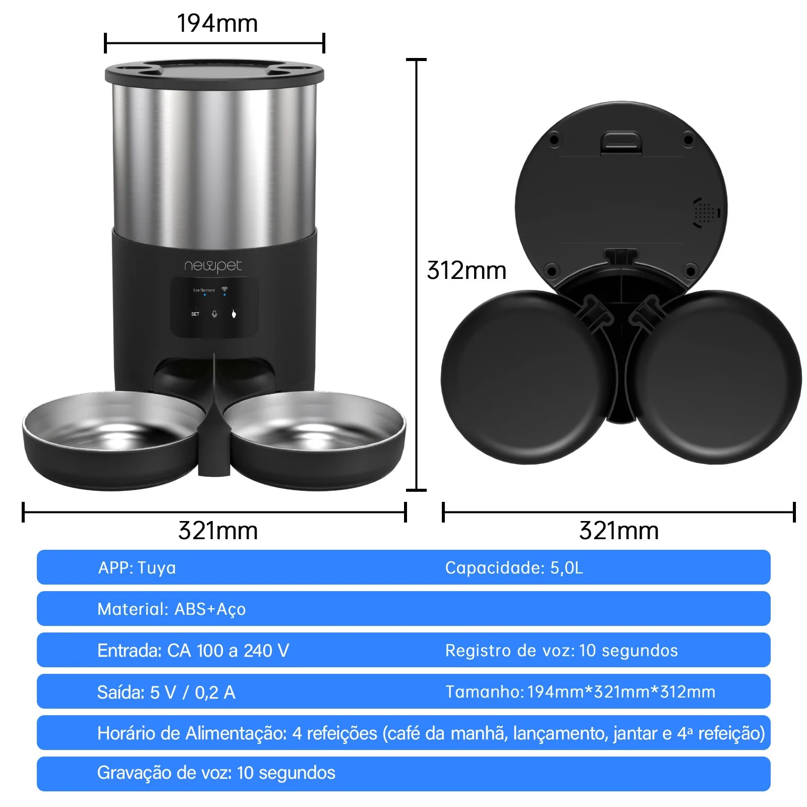 Alimentador Automático para Gatos de 5L Alimentador Inteligente para Gatos e Cães de Pequeno Porte com Microfone Registrador de Tempo Alimentador Quantitativo
