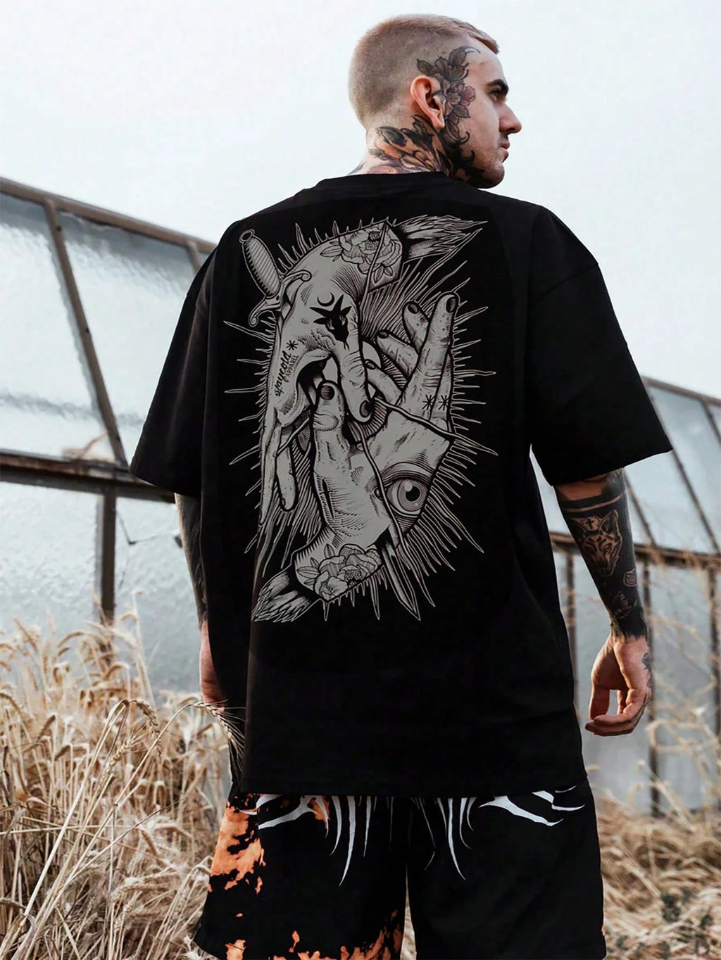 Camiseta Masculina de Manga Curta Esportiva de Verão com Pescoço Redondo Estampada em Cores Escuras, Casual de Manga Curta