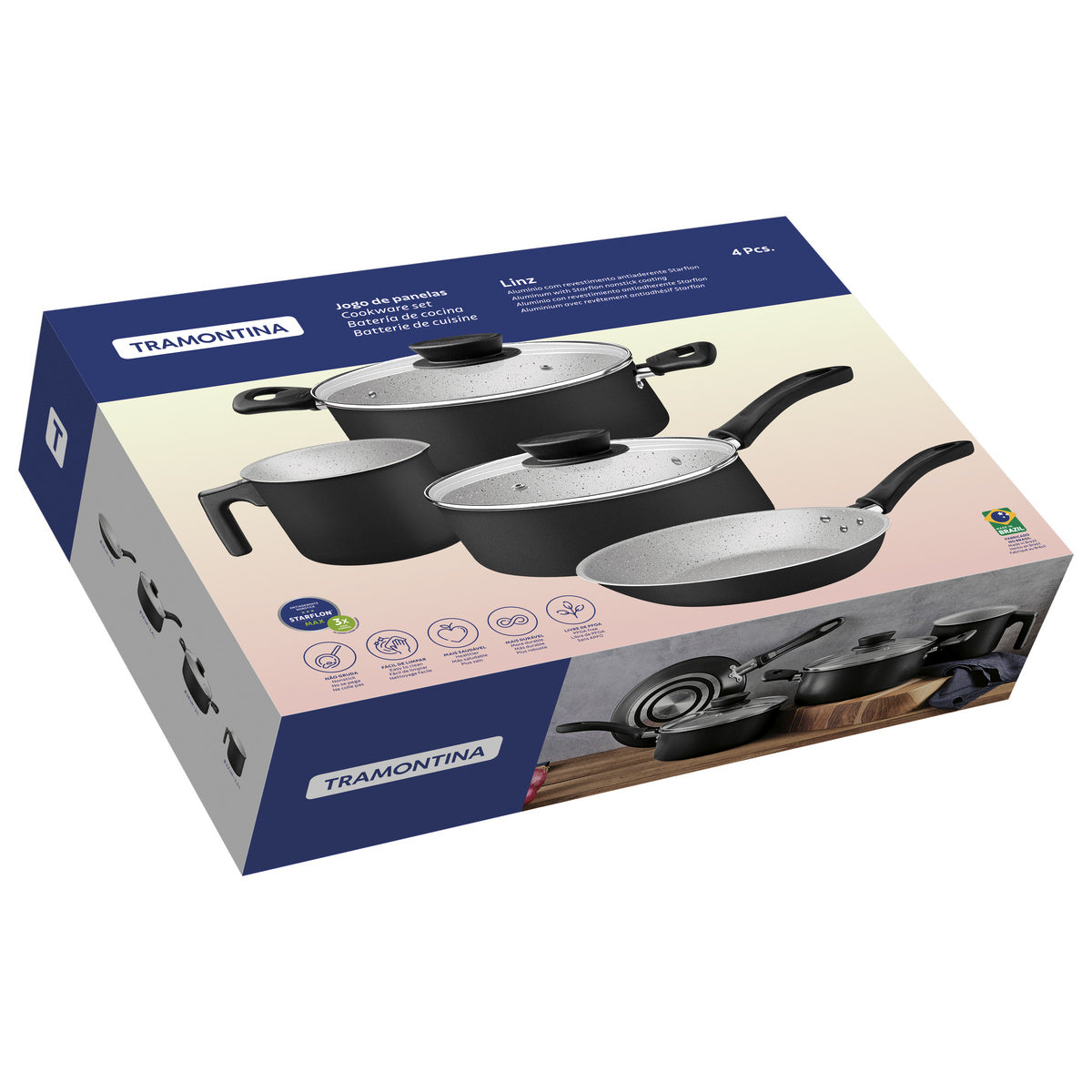 Jogo de Panelas Tramontina Linz em Aluminio com Revestimento Interno e Externo em Antiaderente Starflon Max 04 Peças