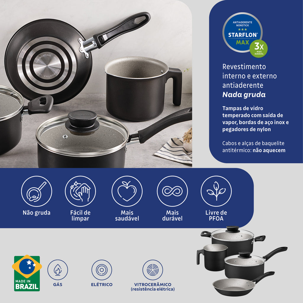 Jogo de Panelas Tramontina Linz em Aluminio com Revestimento Interno e Externo em Antiaderente Starflon Max 04 Peças