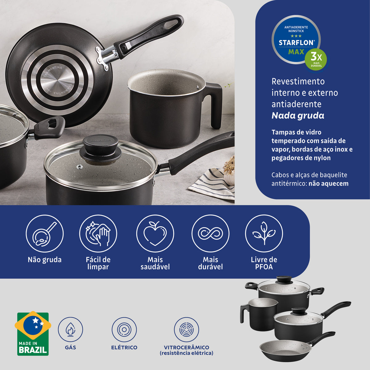 Jogo de Panelas Tramontina Linz em Aluminio com Revestimento Interno e Externo em Antiaderente Starflon Max 04 Peças