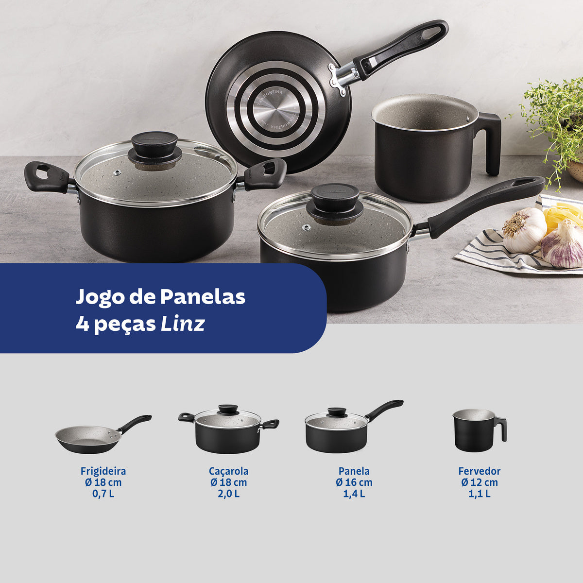 Jogo de Panelas Tramontina Linz em Aluminio com Revestimento Interno e Externo em Antiaderente Starflon Max 04 Peças