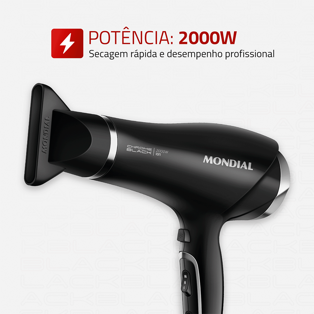 Secador de Cabelos Mondial Chrome Black SCN-04, 2.000W, Preto/Cromado Prata