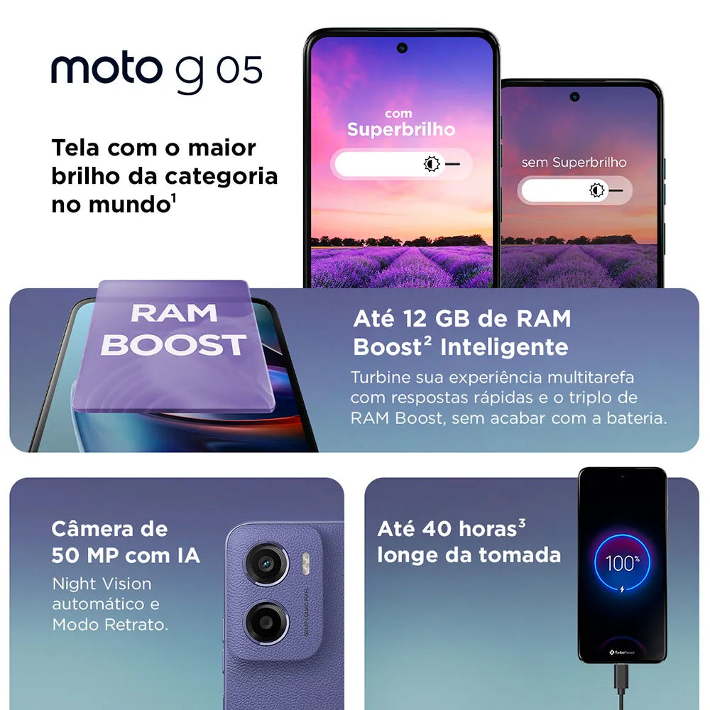 Smartphone Motorola Moto g05 Cinza Vegan Leather 128GB 4GB RAM + 8GB Ram Boost e Camera 50MP com AI Bateria de 5200 mAh Tela 6.7" e Superbrilho