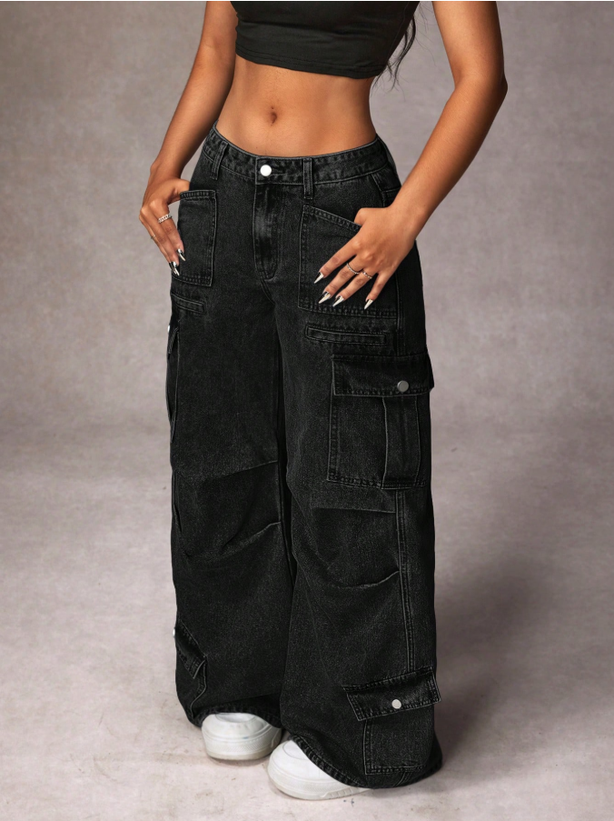 Calça Denim Cargo de Perna Larga e Casual Lavada para Mulheres