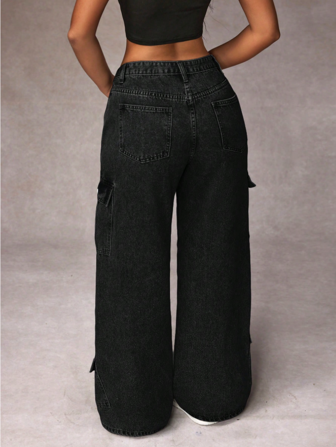 Calça Denim Cargo de Perna Larga e Casual Lavada para Mulheres