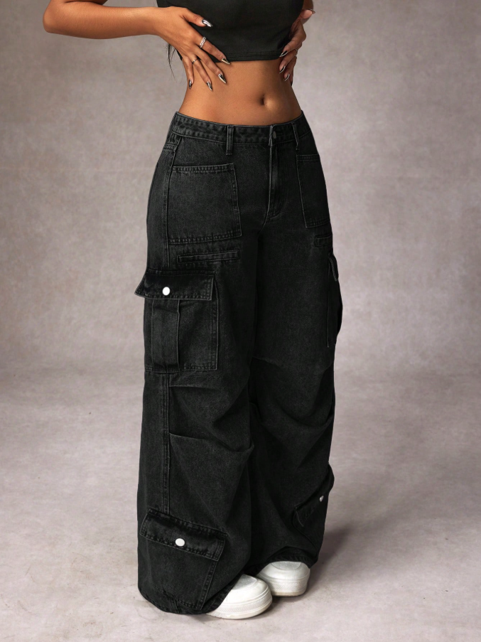 Calça Denim Cargo de Perna Larga e Casual Lavada para Mulheres