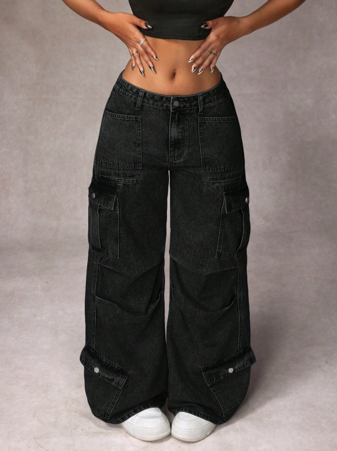 Calça Denim Cargo de Perna Larga e Casual Lavada para Mulheres