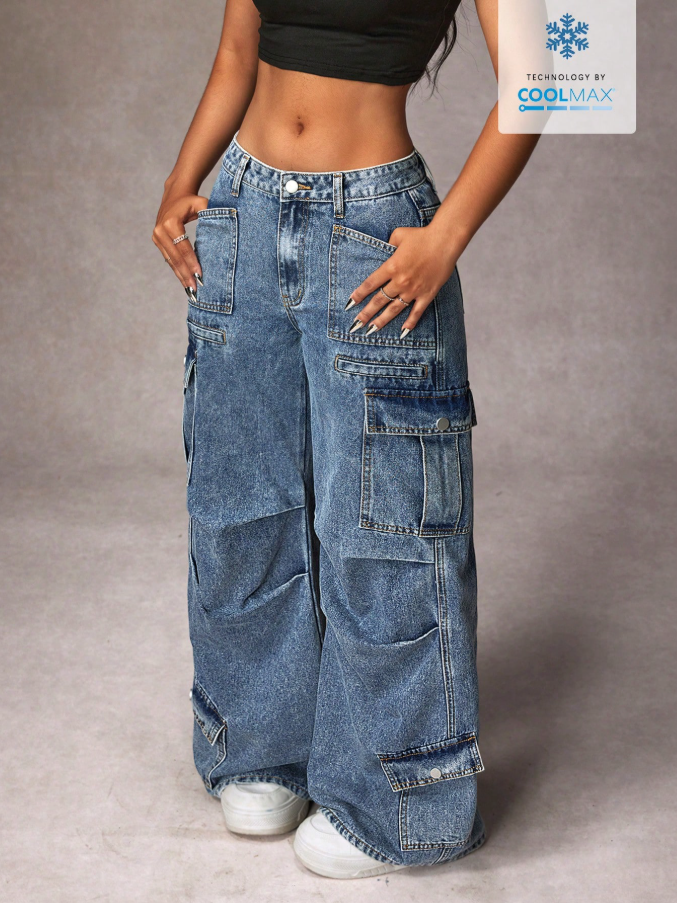 Calça Denim Cargo de Perna Larga e Casual Lavada para Mulheres