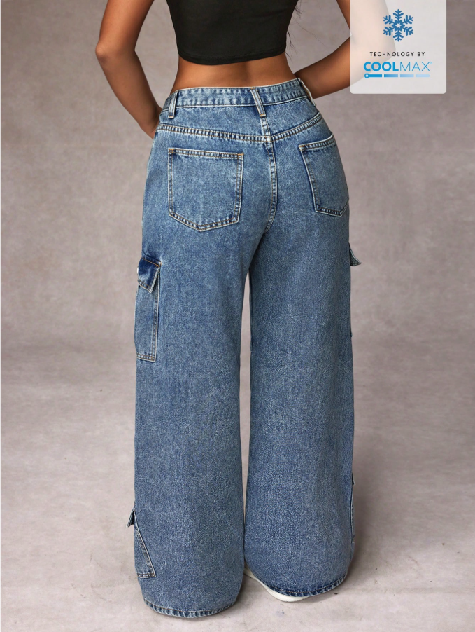 Calça Denim Cargo de Perna Larga e Casual Lavada para Mulheres