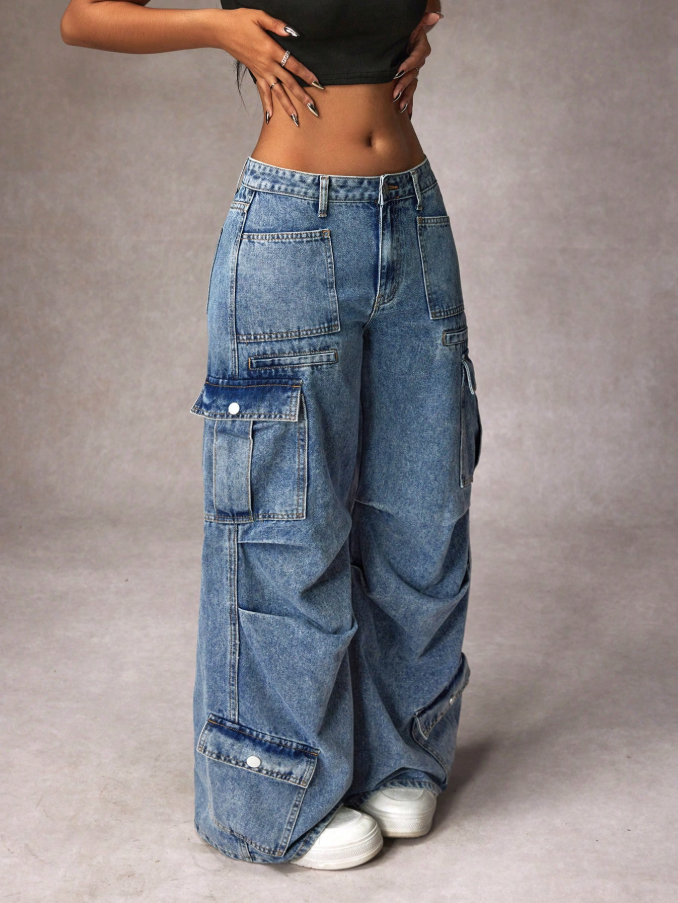Calça Denim Cargo de Perna Larga e Casual Lavada para Mulheres