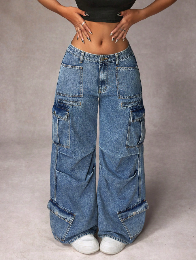 Calça Denim Cargo de Perna Larga e Casual Lavada para Mulheres