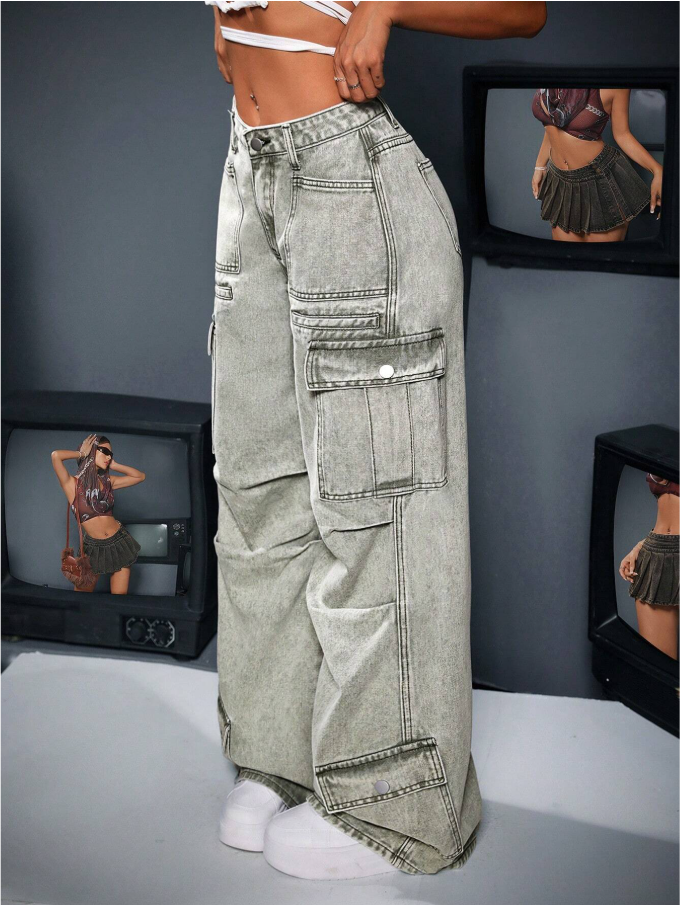 Calça Denim Cargo de Perna Larga e Casual Lavada para Mulheres