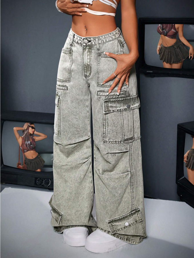 Calça Denim Cargo de Perna Larga e Casual Lavada para Mulheres