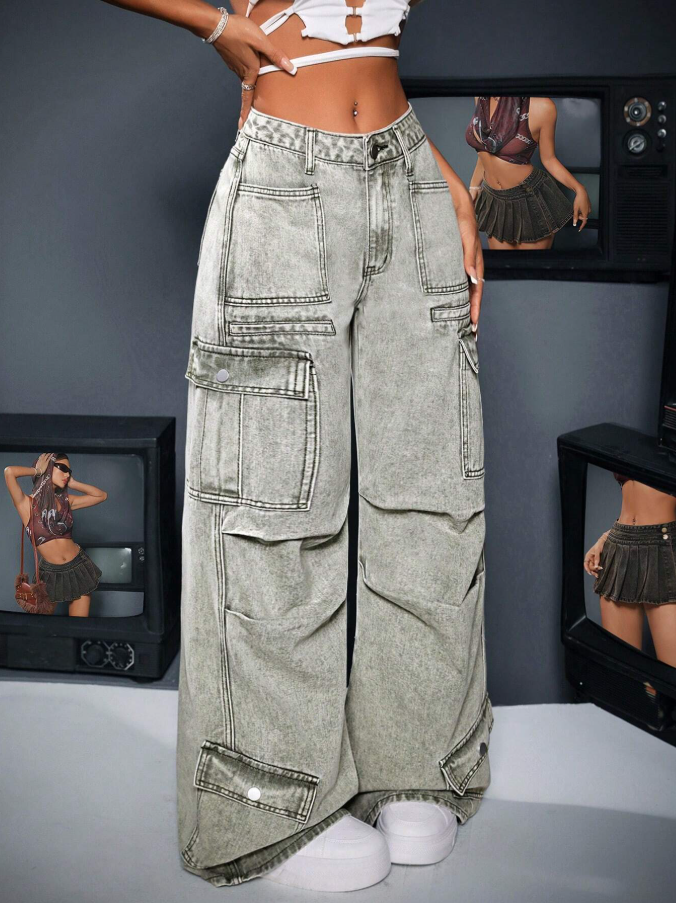 Calça Denim Cargo de Perna Larga e Casual Lavada para Mulheres