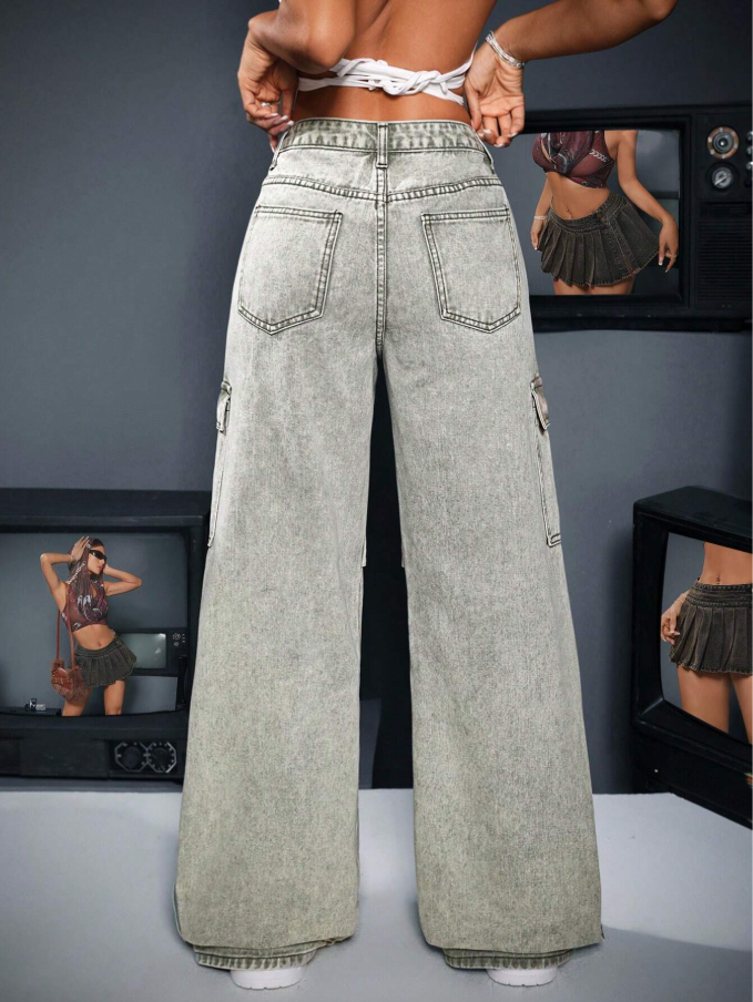 Calça Denim Cargo de Perna Larga e Casual Lavada para Mulheres