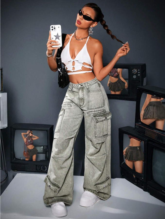 Calça Denim Cargo de Perna Larga e Casual Lavada para Mulheres