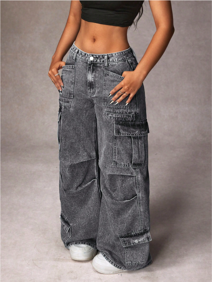 Calça Denim Cargo de Perna Larga e Casual Lavada para Mulheres