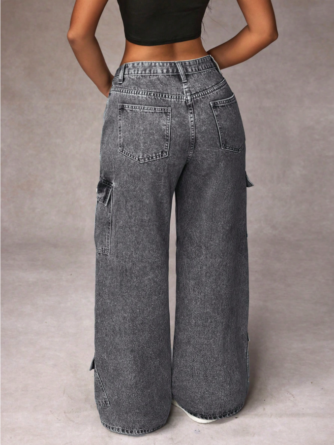 Calça Denim Cargo de Perna Larga e Casual Lavada para Mulheres