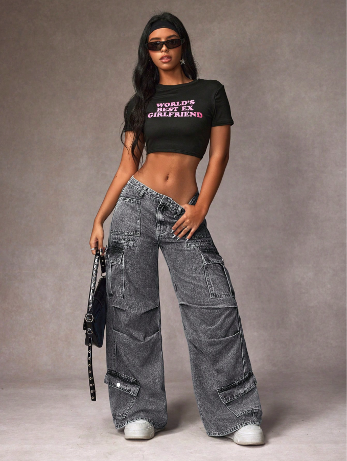 Calça Denim Cargo de Perna Larga e Casual Lavada para Mulheres