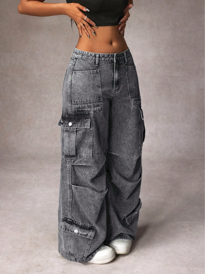 Calça Denim Cargo de Perna Larga e Casual Lavada para Mulheres