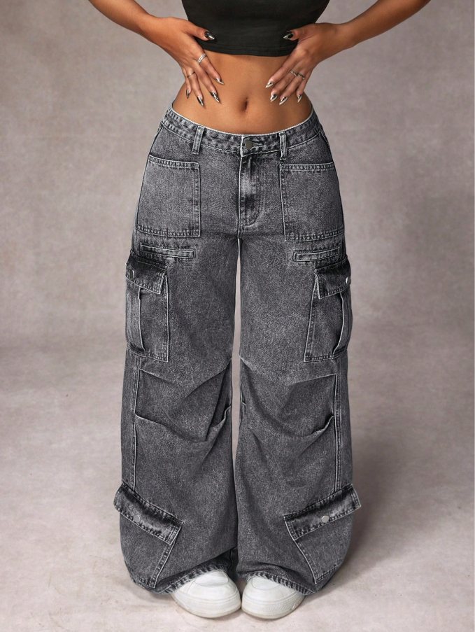 Calça Denim Cargo de Perna Larga e Casual Lavada para Mulheres