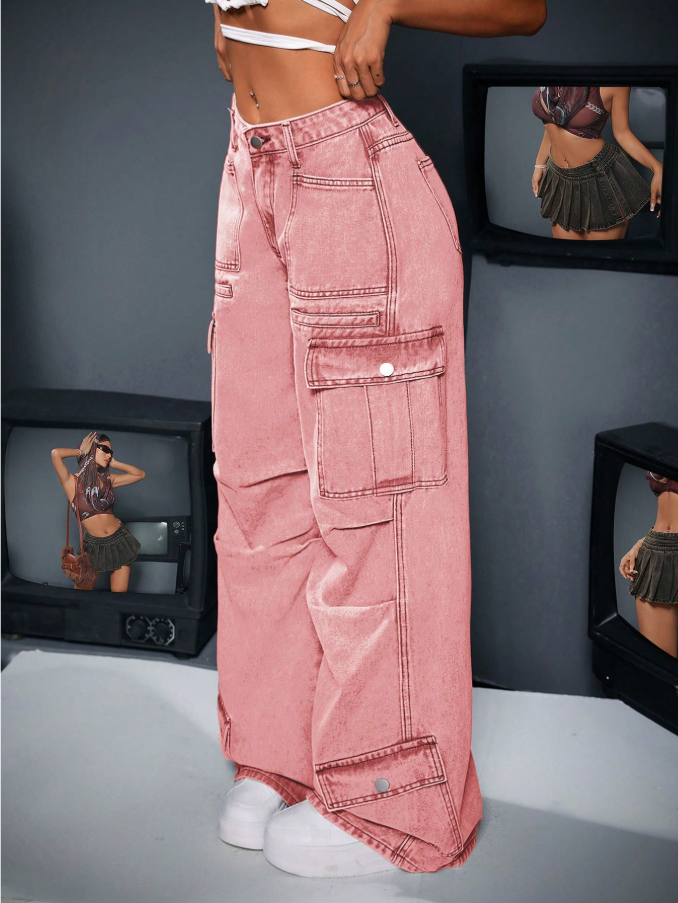 Calça Denim Cargo de Perna Larga e Casual Lavada para Mulheres