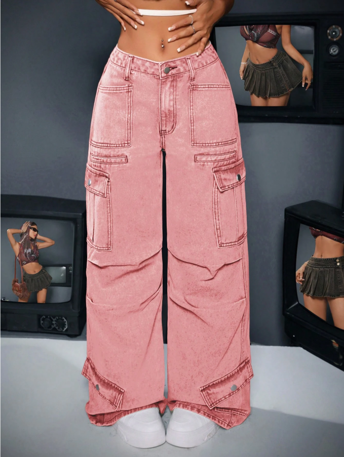 Calça Denim Cargo de Perna Larga e Casual Lavada para Mulheres