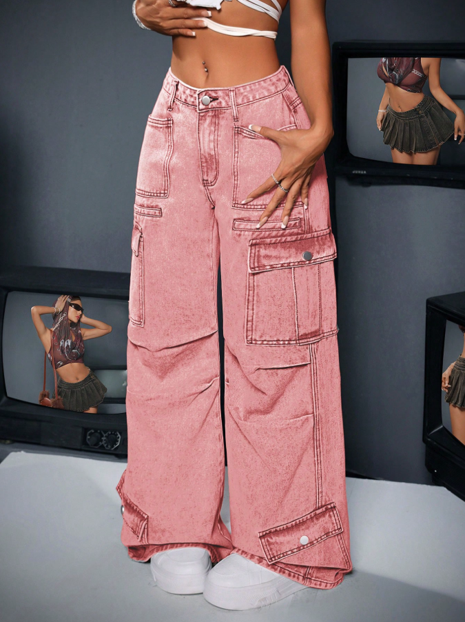 Calça Denim Cargo de Perna Larga e Casual Lavada para Mulheres