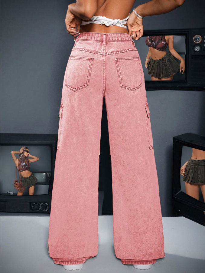 Calça Denim Cargo de Perna Larga e Casual Lavada para Mulheres