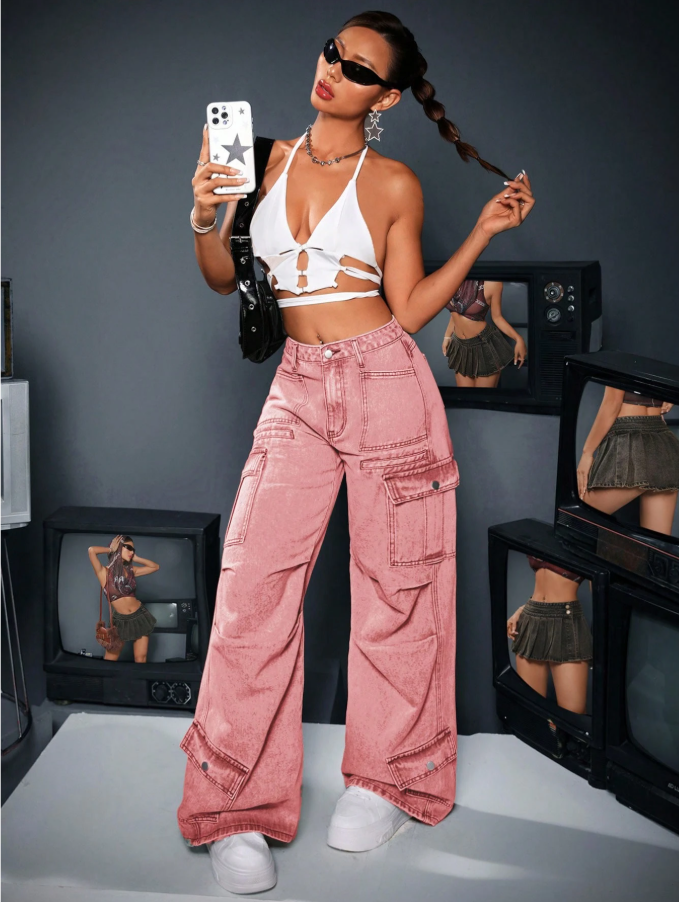 Calça Denim Cargo de Perna Larga e Casual Lavada para Mulheres