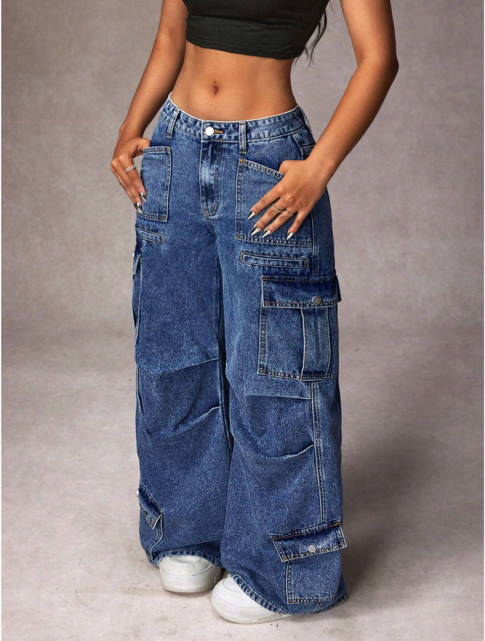 Calça Denim Cargo de Perna Larga e Casual Lavada para Mulheres