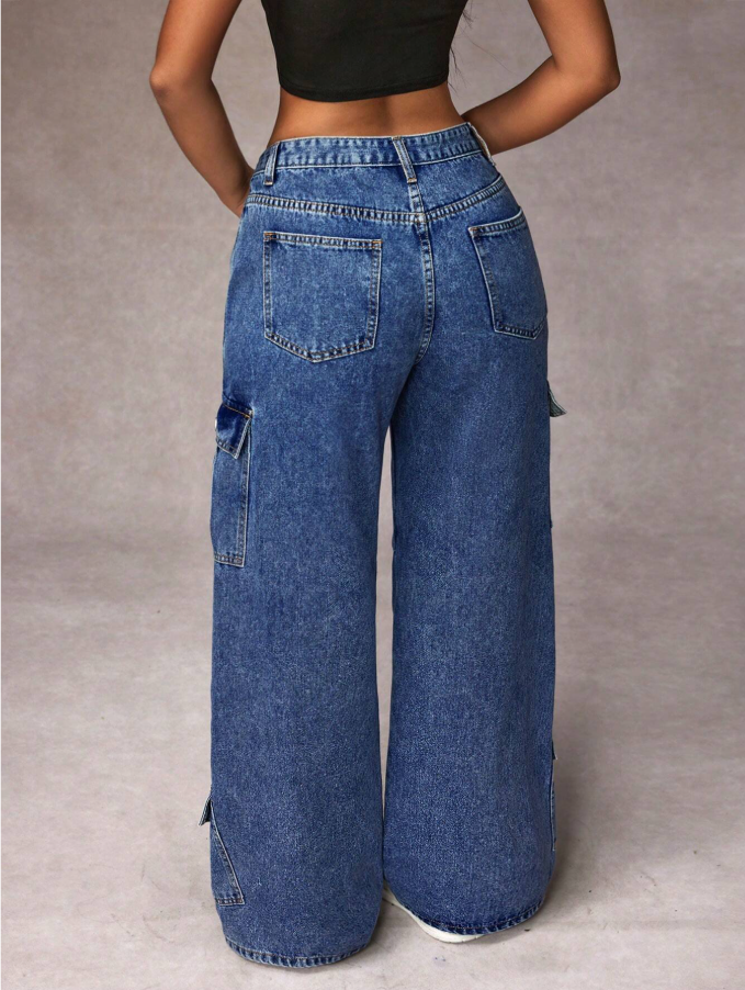 Calça Denim Cargo de Perna Larga e Casual Lavada para Mulheres