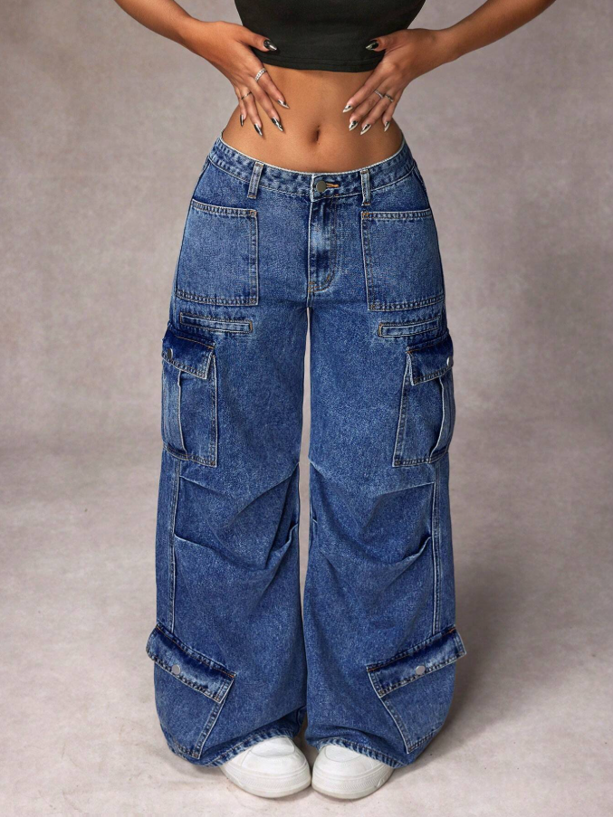 Calça Denim Cargo de Perna Larga e Casual Lavada para Mulheres