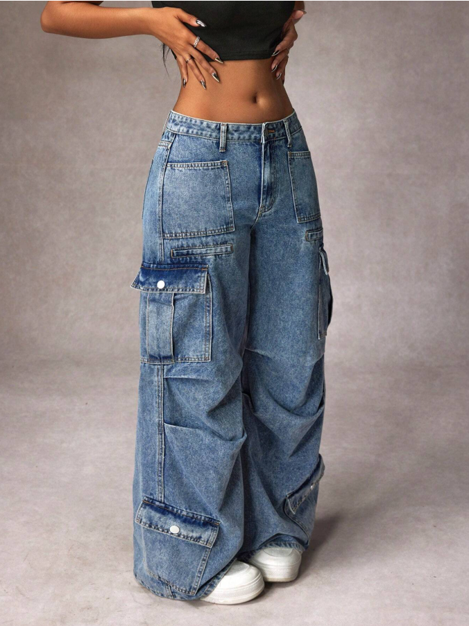 Calça Denim Cargo de Perna Larga e Casual Lavada para Mulheres