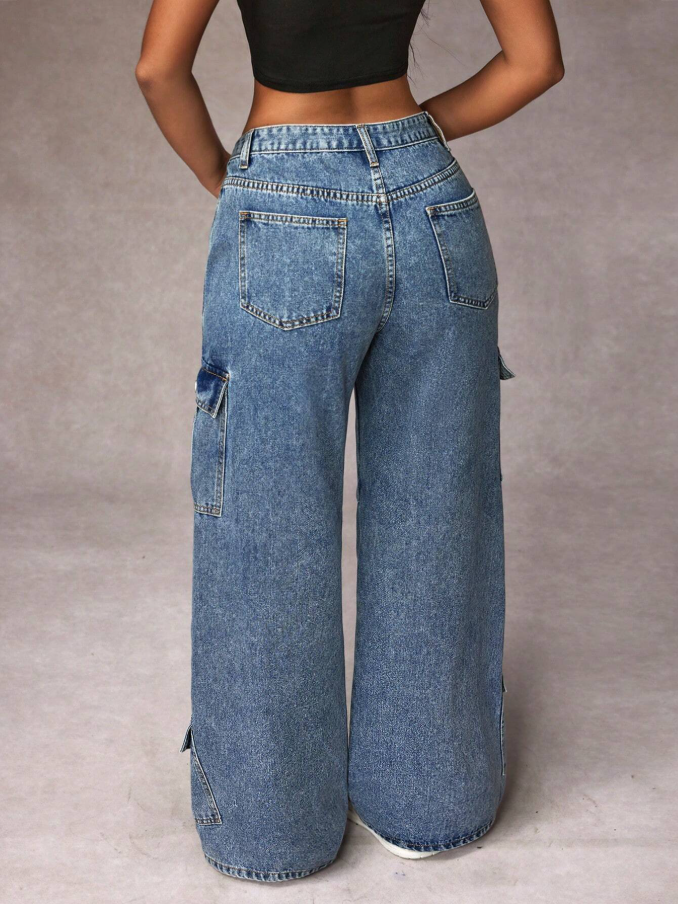 Calça Denim Cargo de Perna Larga e Casual Lavada para Mulheres