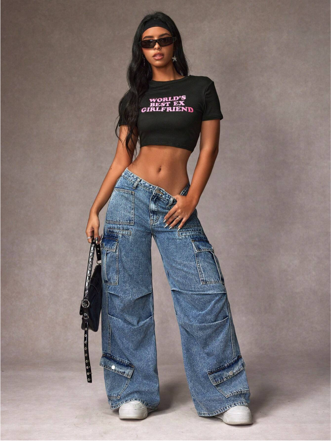 Calça Denim Cargo de Perna Larga e Casual Lavada para Mulheres