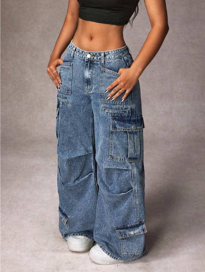 Calça Denim Cargo de Perna Larga e Casual Lavada para Mulheres