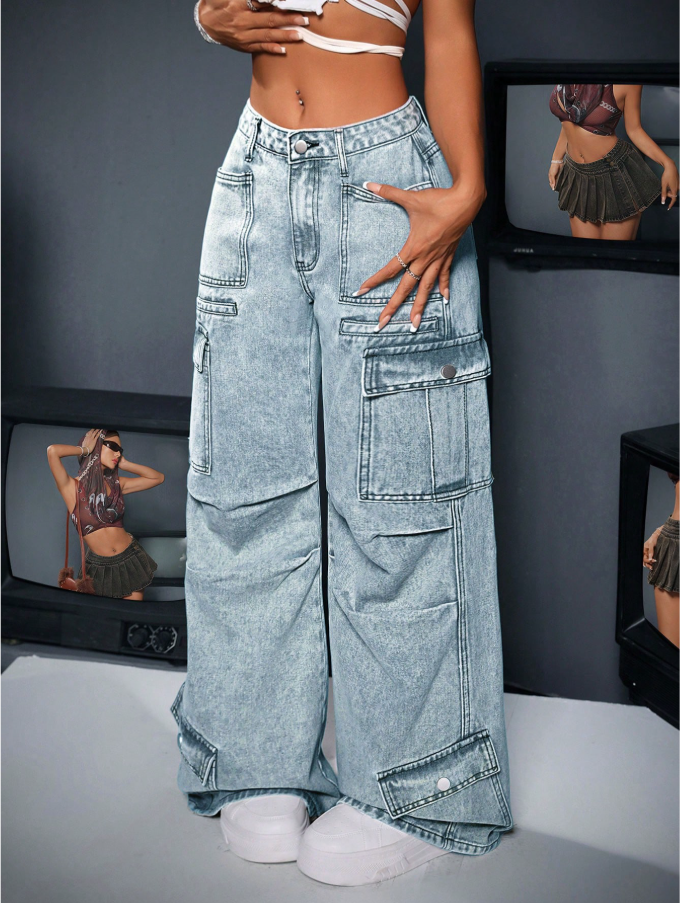 Calça Denim Cargo de Perna Larga e Casual Lavada para Mulheres