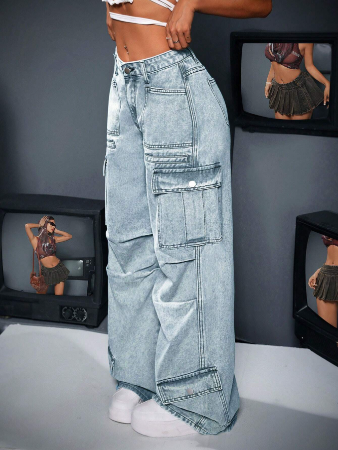 Calça Denim Cargo de Perna Larga e Casual Lavada para Mulheres