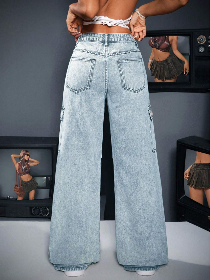 Calça Denim Cargo de Perna Larga e Casual Lavada para Mulheres